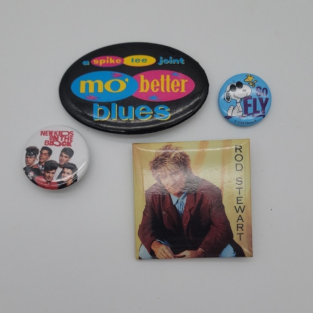 Vintage Pinback Button Set Snoopy NKOTB Rod Stewart 4 Pieces